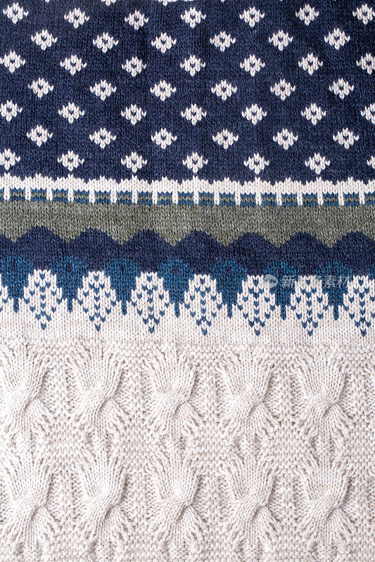 针织质地。羊毛制的花纹织物背景，复制空间。手工织毛衣质地，针织羊毛图案