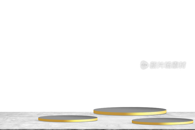 金灰色讲台舞台孤立于白色背景，台桌产品工作室房间地板水泥阁楼，圆形货架圆形样机展示架基座场景展示夏冬化妆品