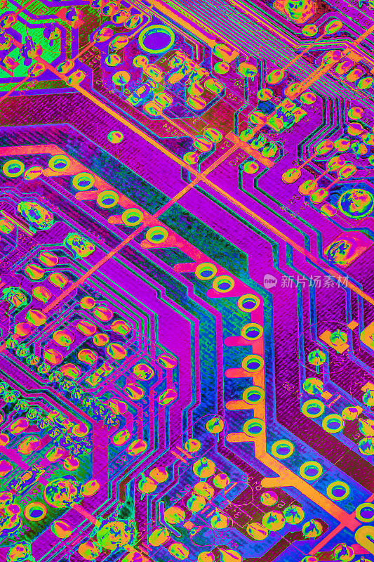 彩色程式化超现实电子电路板细节艺术表现