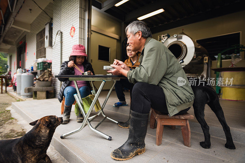 茶农一家人在茶厂前吃午饭