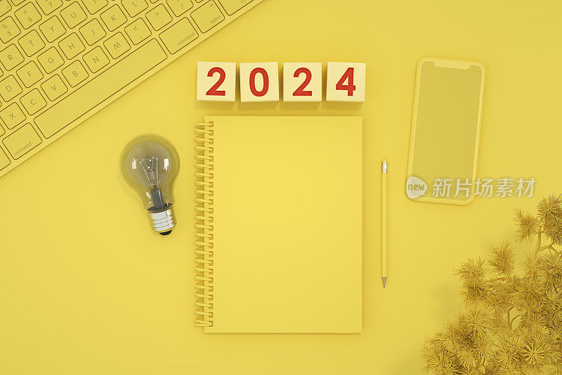 2024新年，灯泡和黄色背景的空白页笔记本，新想法概念。