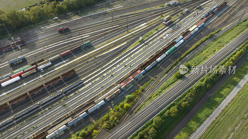 铁路调车场、调车场和货运列车。鸟瞰图