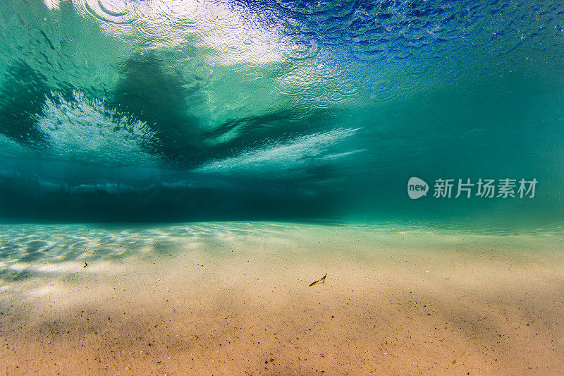 在清澈的海水中，海浪拍打着沙滩，水下的景色一览无余