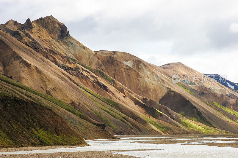 冰岛Laugevegur步道起点的Landmannalaugar周围引人注目的山景，显示了洪水平原上的冰川径流河