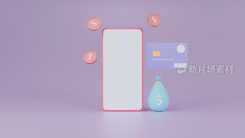 科技商业理念，紫色背景的智能手机金融交易。手机银行。3D渲染