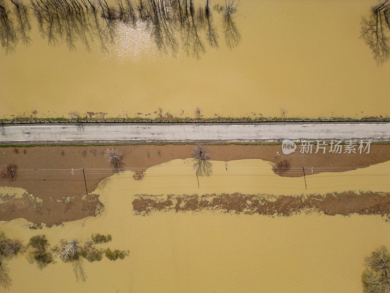 春天大雨过后，被洪水淹没的田地和道路