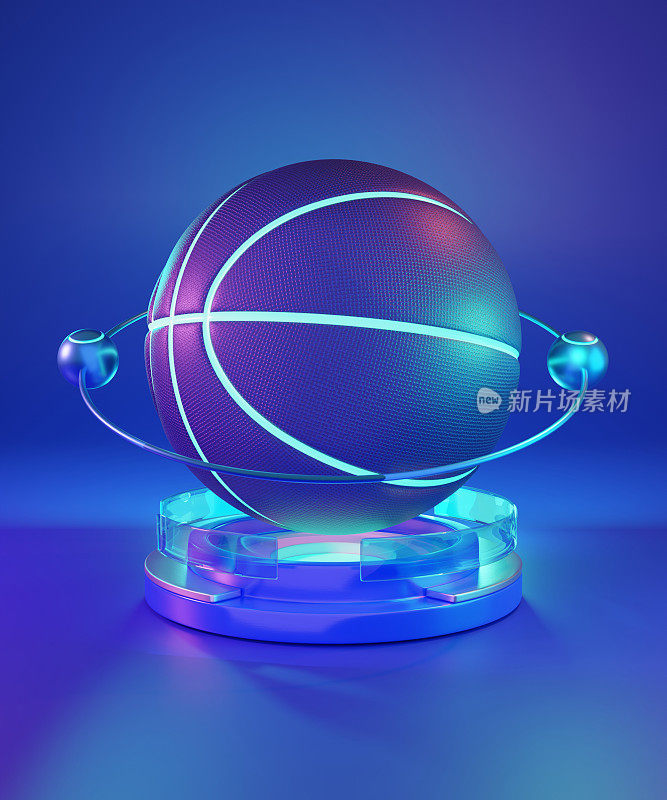 篮球显示在蓝色背景的裁剪路径玻璃讲台上