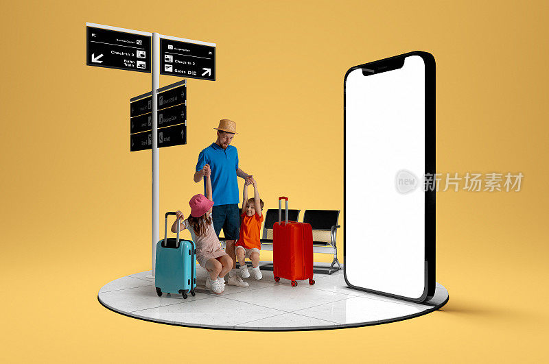 快乐的年轻女子带着孩子和行李箱站在巨大的3D模型手机屏幕前，使用在线应用程序服务，方便出行