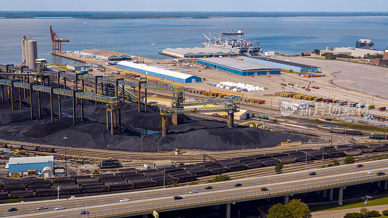 煤炭货物过境纽波特纽斯，弗吉尼亚州港口。煤炭码头由汉普顿路环城公路和铁路轨道在人口稠密的城市港口