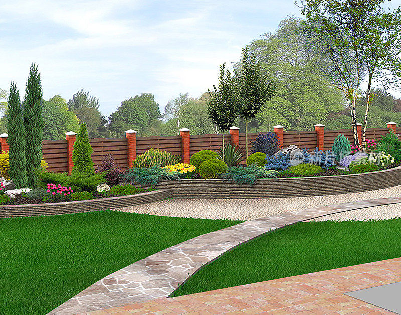 园林绿化侧庭院园艺背景，3D渲染