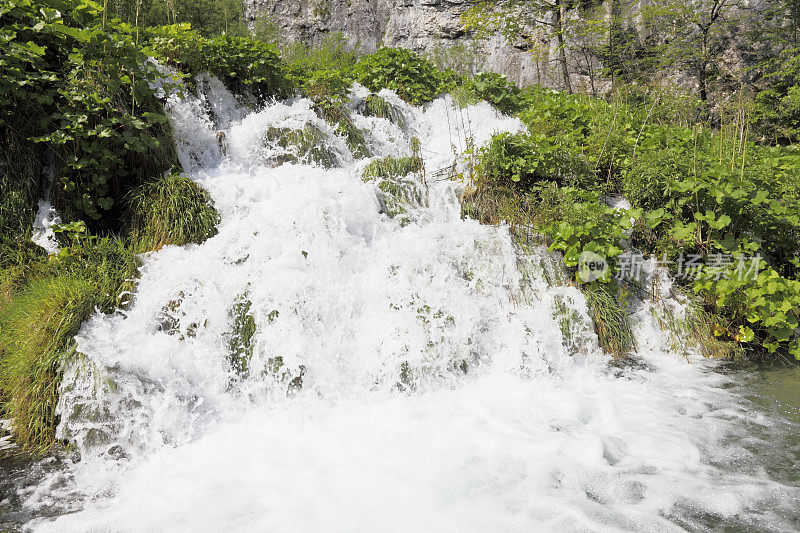 瀑布梯级与流动的水通过绿叶克罗地亚Plitvice