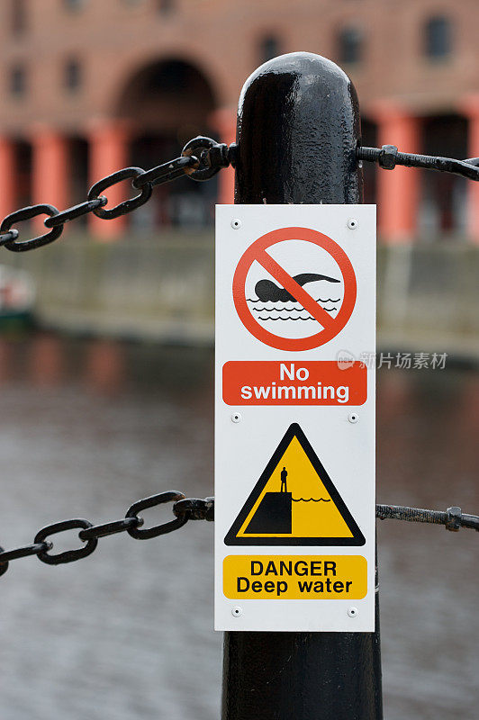 禁止游泳和深水标志，阿尔伯特码头，利物浦
