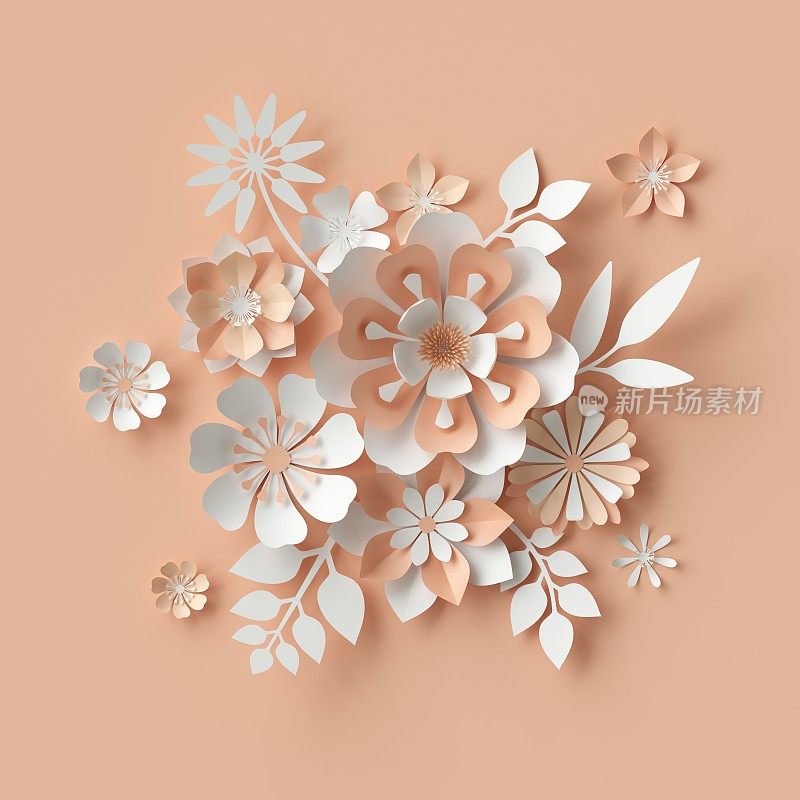 3d渲染，抽象纸花，新娘花束，装饰性花卉设计元素。桃红色背景