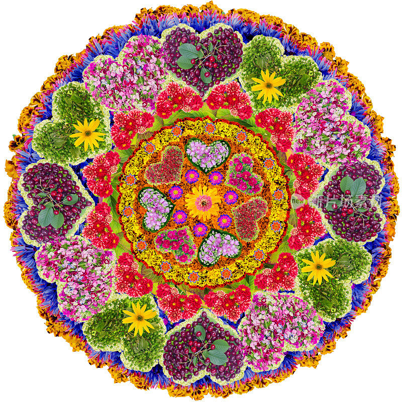 爱情曼荼罗——佛教中精神和仪式的象征，由夏日的花朵制成。孤立的抽象拼贴画