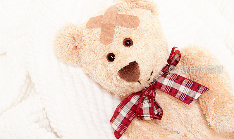 受伤的可爱泰迪熊带着绷带