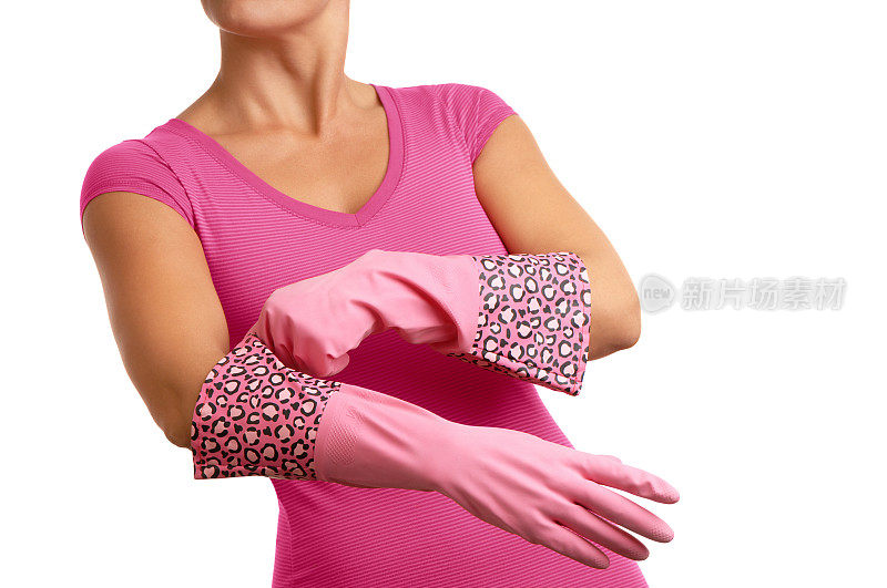 女人在粉色与豹纹橡胶手套在白色