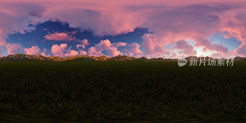 360°全景，一个暗红色的日落天空在草地上