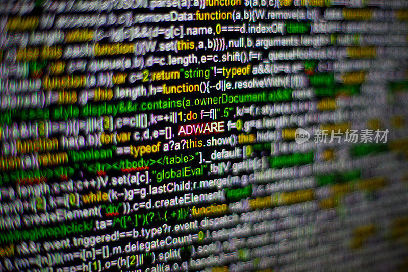 电脑屏幕的微距照片与程序源代码和突出的ADWARE铭文在中间。带有病毒的屏幕上的脚本。网络安全的概念。技术背景。有选择性的重点