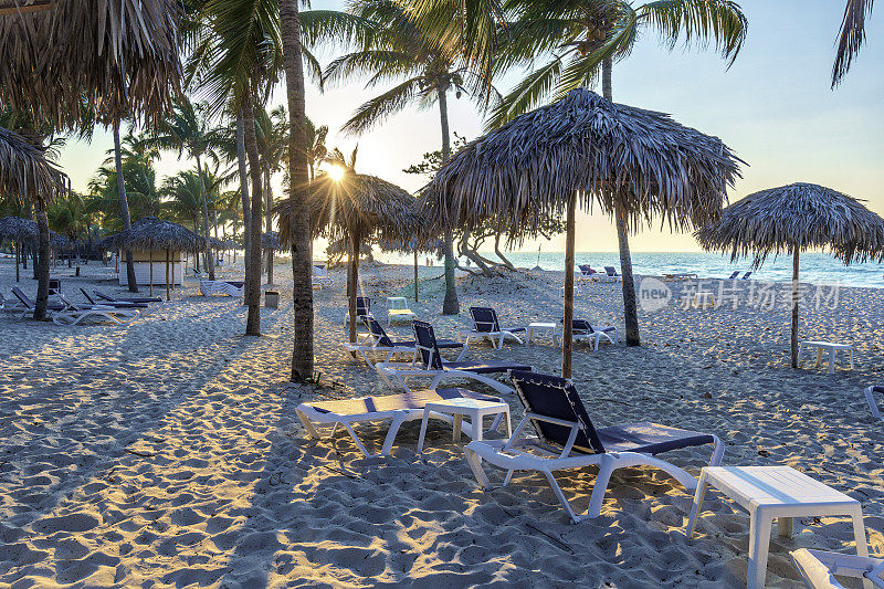 古巴海滩有阳光躺椅和棕榈树