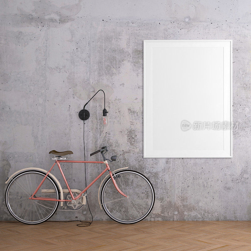 时髦的室内场景与自行车和相框模板