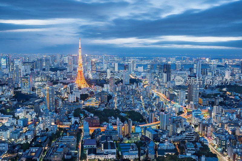 城市景观在黄昏，东京，日本