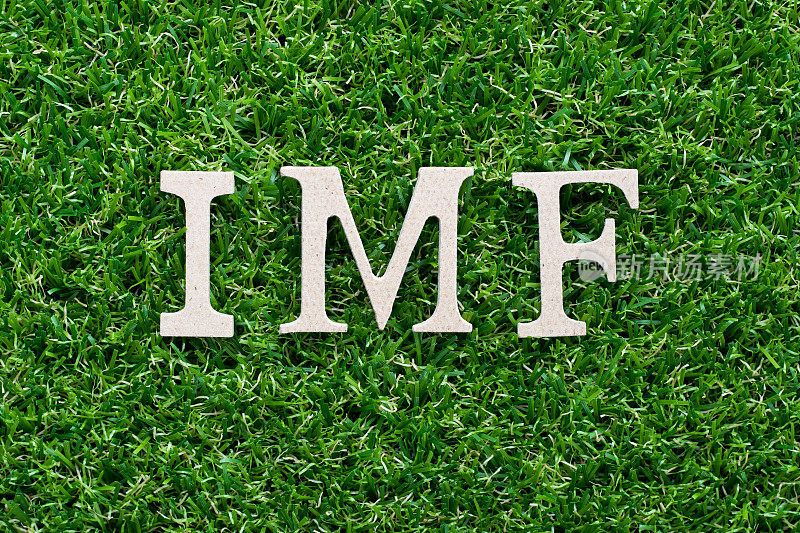 木字母字IMF(简称国际货币基金组织)以人造绿草为背景