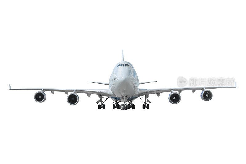 起落架伸出的飞机，正对着前方，白色背景上孤立的视野。