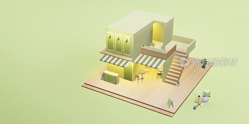 甜品店模型咖啡店餐厅送货服务卡通形象3D插图
