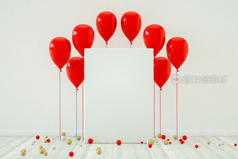 房间里的红气球和空框架。圣诞节，情人节，生日派对的概念。