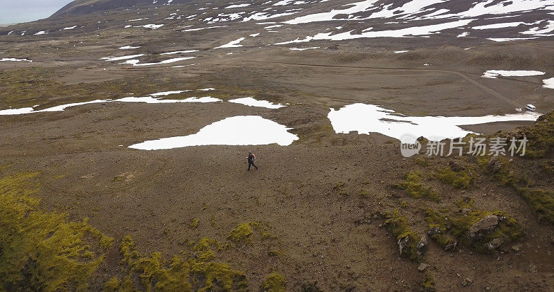 孤独的徒步旅行者走在冰岛的开阔景观，空中
