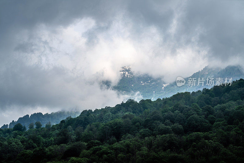 暴风雨前的宁静。乌云低垂，落在山间的森林里