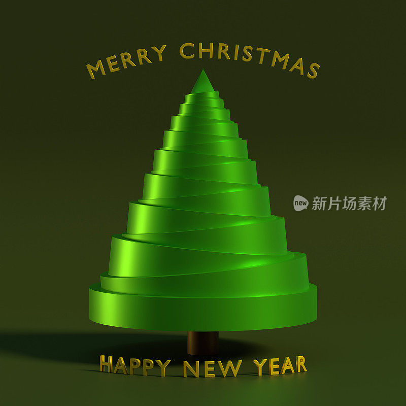 新年贺卡与圣诞树由金属装饰在绿色背景