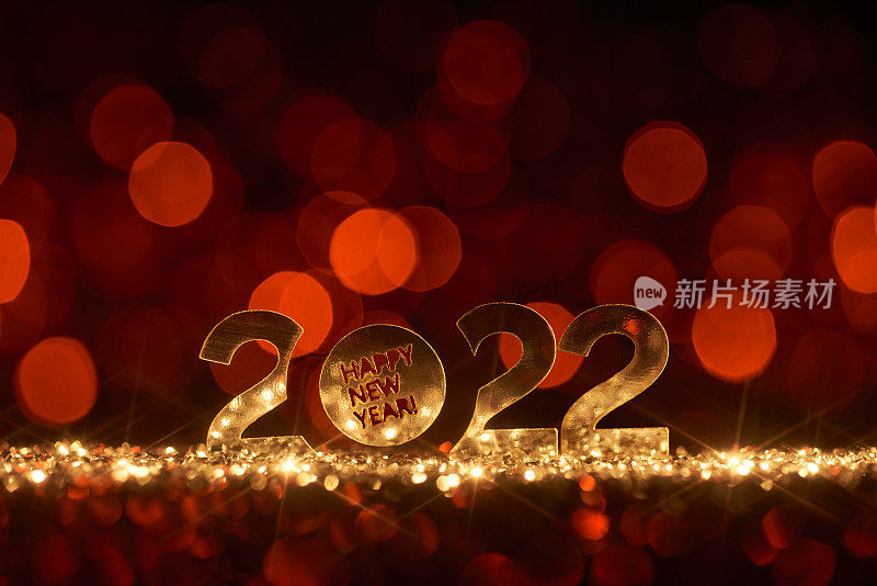 新年快乐2022年散焦点红灯-新年圣诞装饰金蓝色派对庆祝活动