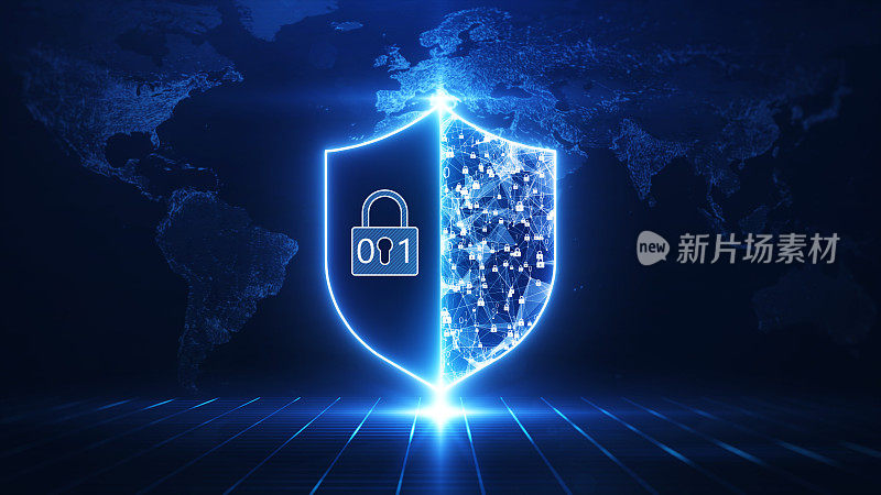 网络安全和隐私技术中的数据保护概念。中间有一个巨大的盾牌。下面是抽象世界地图背后的网格。深蓝色的背景。