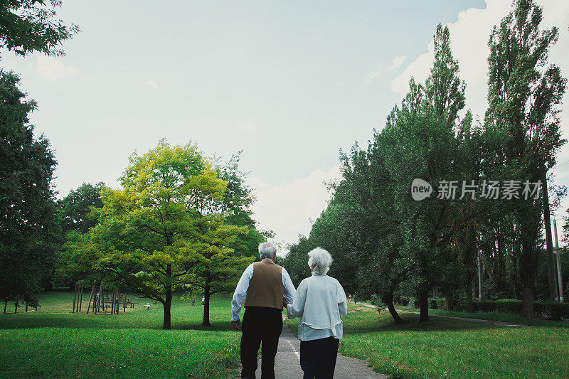 一对老夫妇在绿色的公园里散步。祖母和祖父在他们的金婚庆典上。奶奶和爷爷的结婚纪念日。五十年在一起。老人的爱情故事。