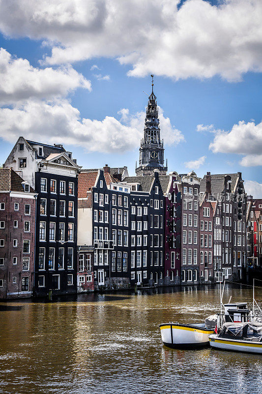 荷兰阿姆斯特尔河运河的小船和游艇的美丽景色