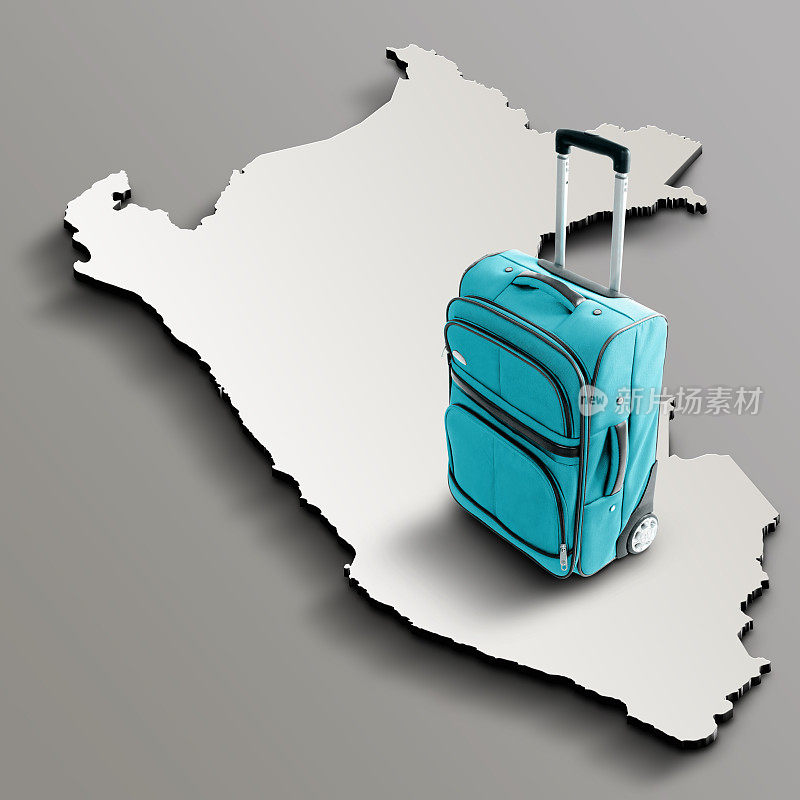 秘鲁三维地图上的蓝色行李箱