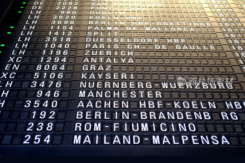 德国机场的航班出发信息板，法兰克福目的地:苏黎世，巴黎，安塔利亚，柏林，杜塞尔多夫，科隆，马略卡岛，都柏林，斯普利特，法兰克福，概念延误，到达时间