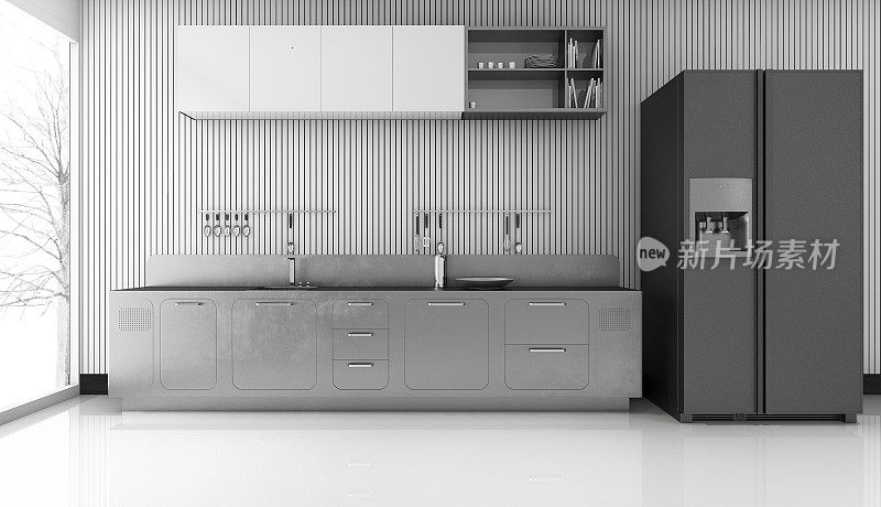 3d渲染现代金属厨房与漂亮的冰箱