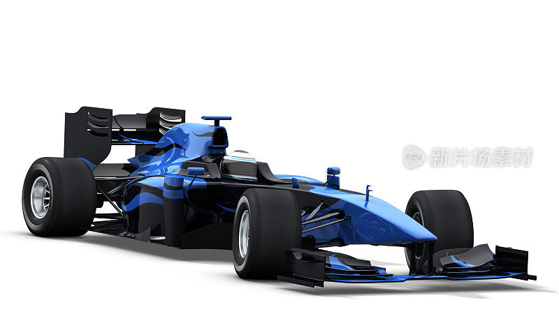一辆以白色为背景的蓝黑相间的赛车