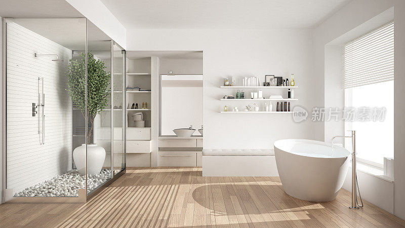 简约的白色斯堪的纳维亚浴室与步入式衣柜，经典的斯堪的纳维亚室内设计