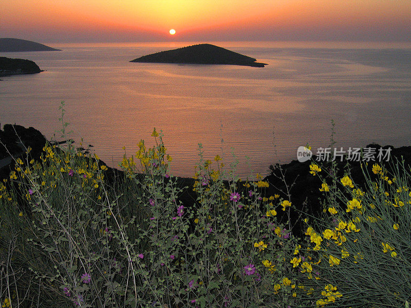 黄昏掠过大海，岛屿和鲜花