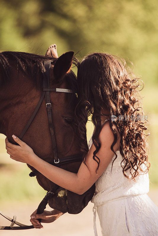 年轻的女孩和她的马在夏天的户外