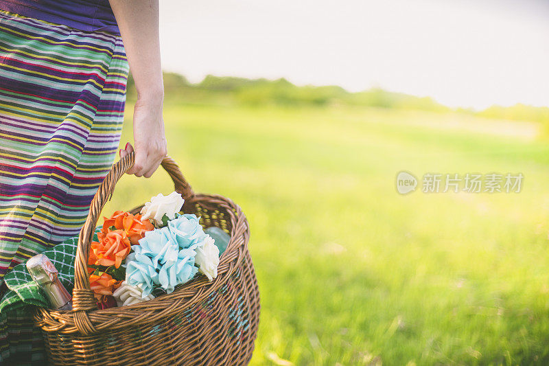 年轻的女子拿着一篮鲜花谈论大自然