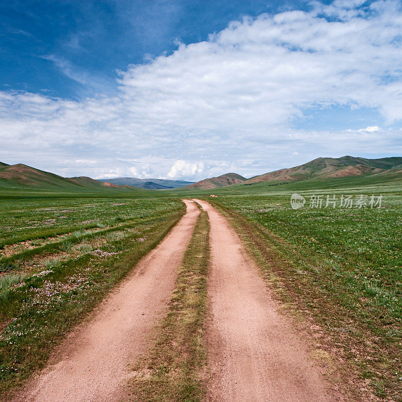 春天的风景——草地，土路，蓝天