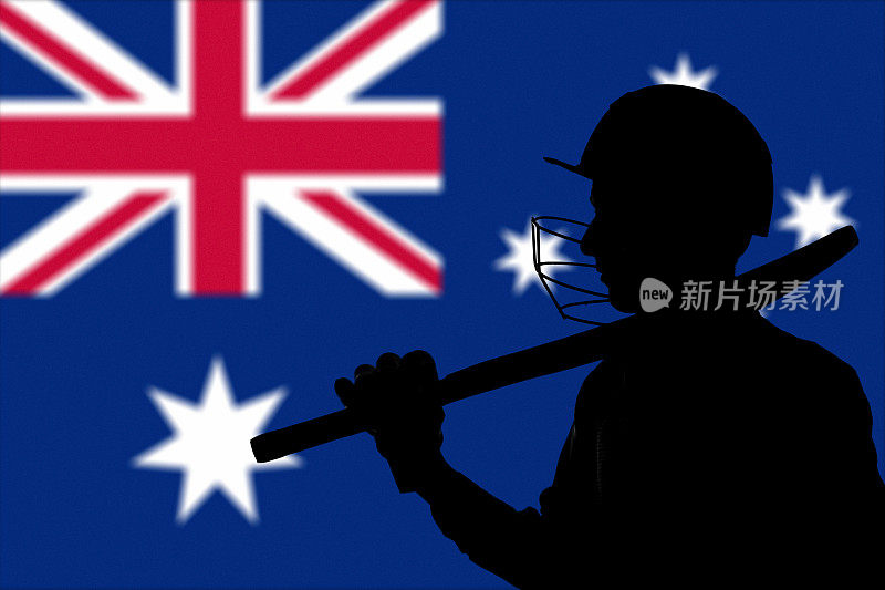 板球运动员的剪影在澳大利亚国旗模糊的背景