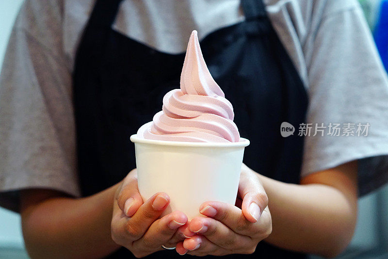女人的手拿外卖杯与有机冻酸奶冰淇淋，这是美味和健康的享受吃的概念。