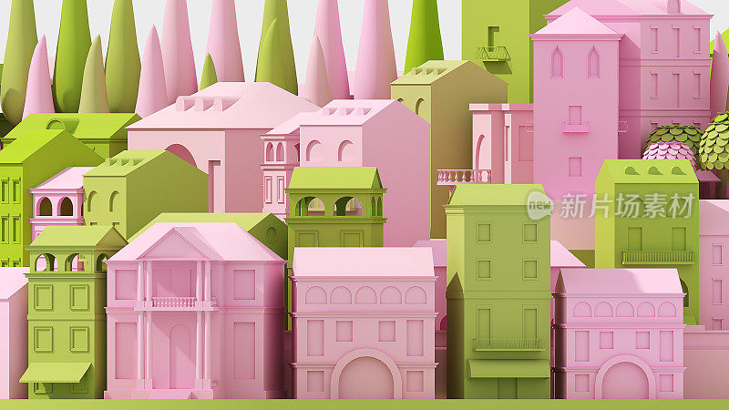 迷你玩具老城概念粉红色和绿色孤立在白色，3d渲染