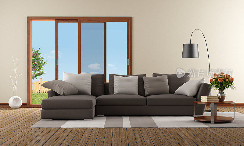现代客厅，棕色沙发