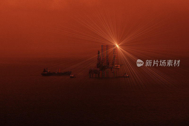 海上钻井平台(自升式钻井平台)和船员船采用红色滤镜、噪声和颗粒效果的电影风格。